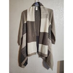 Chico's Asymmetrical Cardigan Sweater sz 1 Tight Knit Patchwork Block Tan Browns